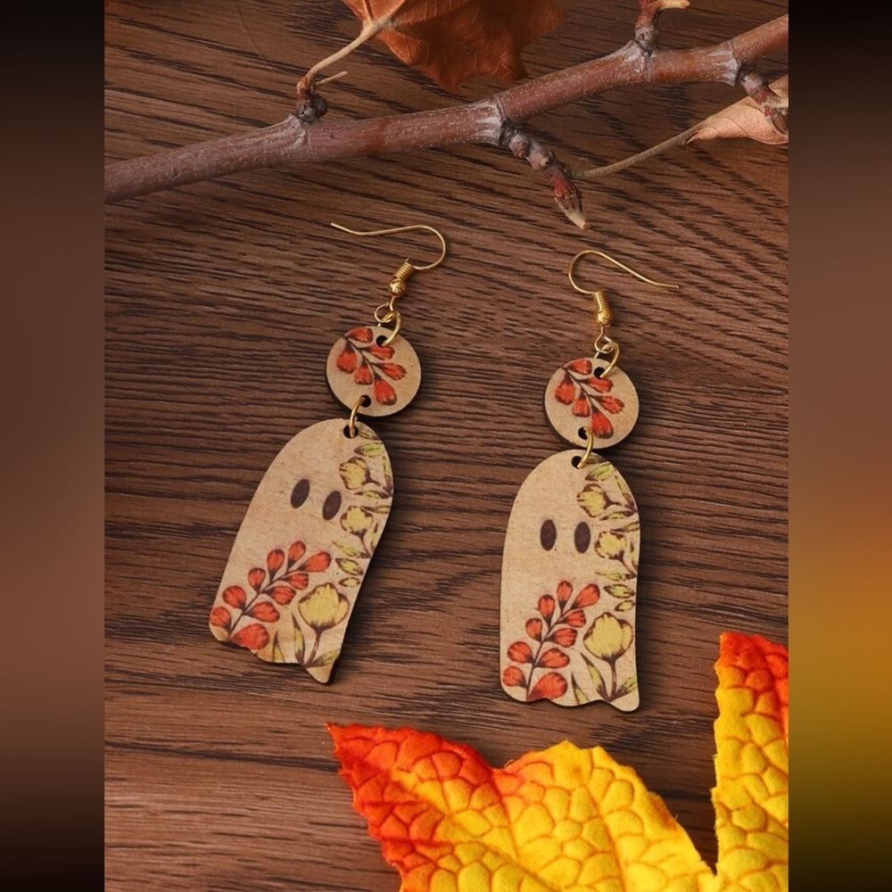 👻 Awesome Wooden Nature Print Ghost Tassel Drop Earrings 🍁